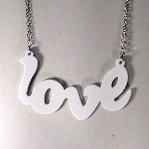 Women's Stunning Polished Silver tone White " LOVE " Design Long Necklace, 34-in - Picture 1 of 6